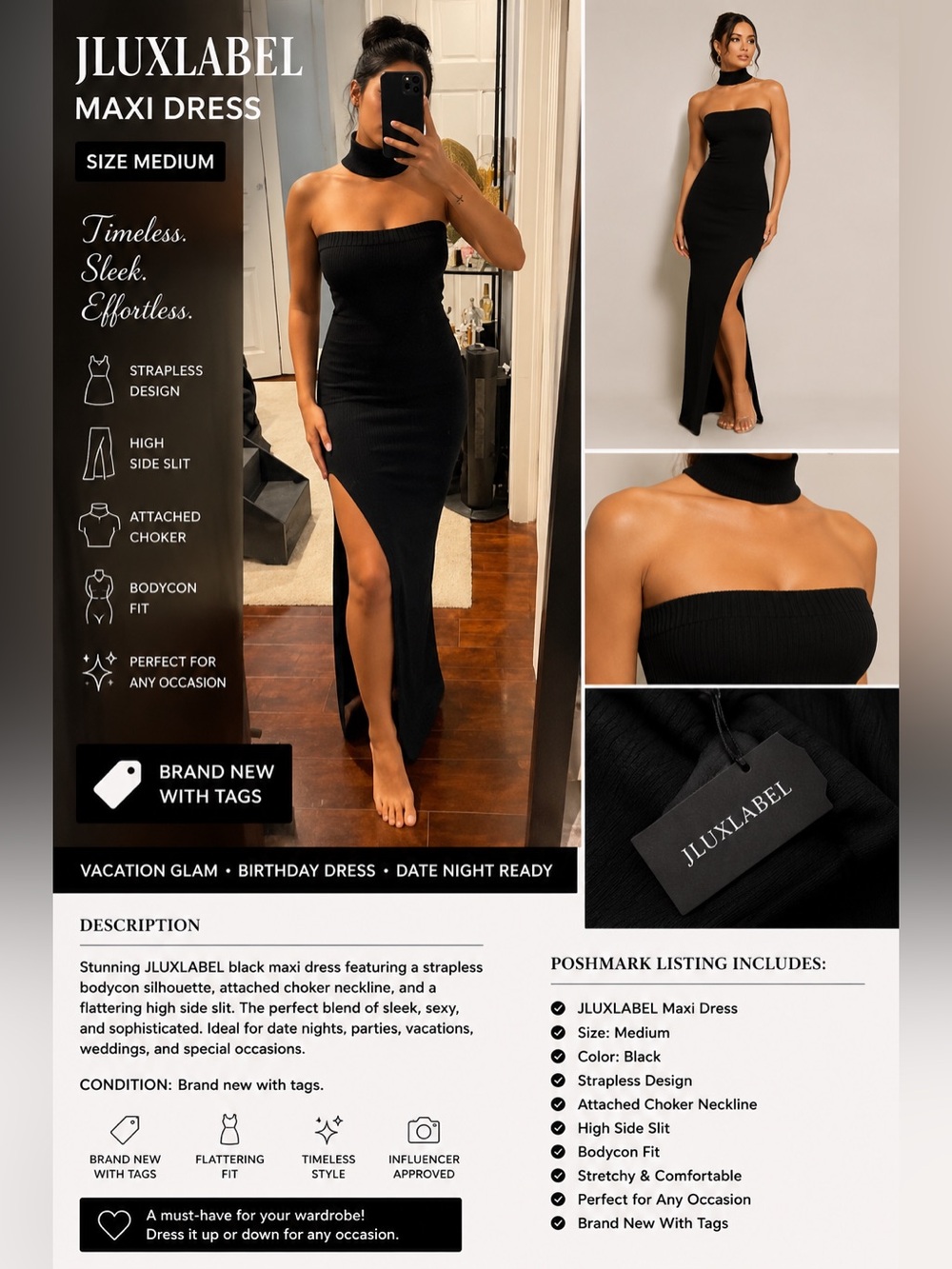 JLUXLABEL Black Strapless Bodycon Maxi Dress Medium Attached Choker side slit